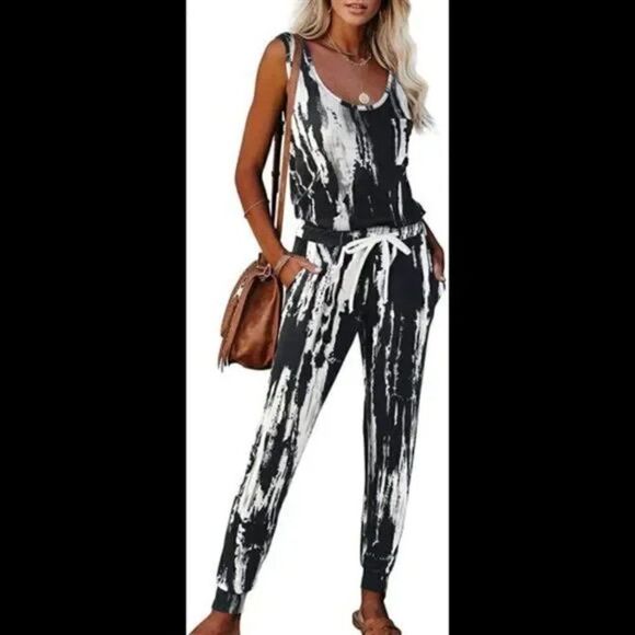 Jumpsuits Casual Round Neck Elastic Drawstring Waist Stretchy Romper w/ Pockets - Picture 5 of 7